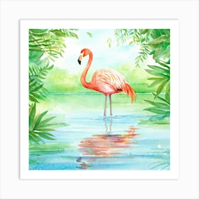 Green Flamingo Gliding On A Glass Like Lake Reflection Shimmering Below Surrounded By Whimsical Fo Art Print