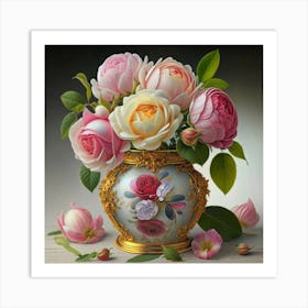 Roses in Antique fuchsia jar 7 Art Print