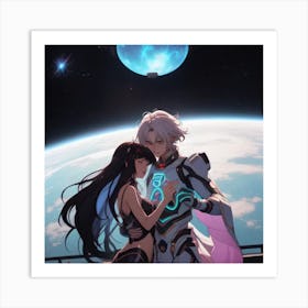 Anime Couple Hugging In Space Art Print