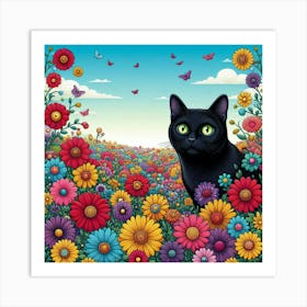 Black Cat In A Flower Field 1 Art Print