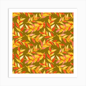 Leaves Curved Yellow Orange On Olive Art Print