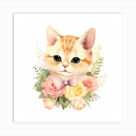 Cute Kitten With Roses Art Print