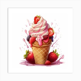 Ice Cream Strawberry Vanilla Splash Art Print