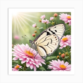 Butterfly On Pink Daisies Art Print