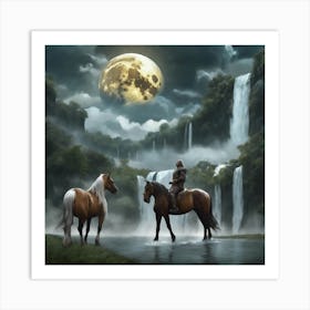 Two Horses By A Waterfall Art Print