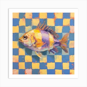 Fish Blue & Yellow Pastel Checkerboard Art Print