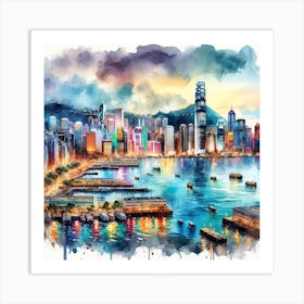 Watercolor Of Hong Kong Skyline Art Print