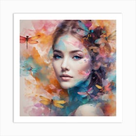 Beautiful Woman With Dragonflies Art Print