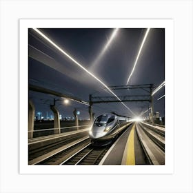 Train On Tracks At Night Art Print