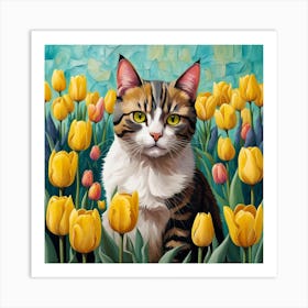 Cat In Yellow Tulips Painting Art Print