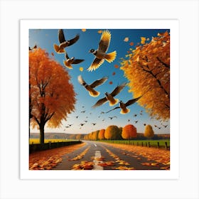 Autumn Birds Flying Over Road Art Print