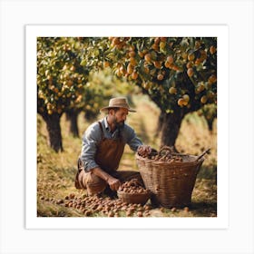 Peach Orchard Farmer Picking Peaches Art Print