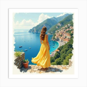 Enigmatic Italian Woman In Watercolor, Gazing Over The Amalfi Coast Art Print