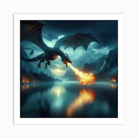 Dragon Flying Over Lake Art Print