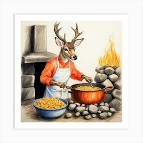 Deer Cooking Pasta Art Print