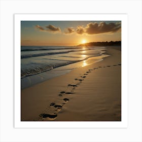 A Tranquil Beach At Sunset With Footprints In The Sand And Gentle Waves Lapping The Shore Art Print