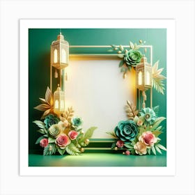 Frame With Flowers And Lanterns Art Print