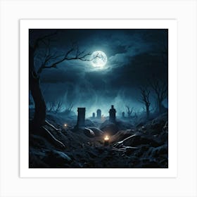 Gothic Style Illustration Skeletal Hands Breaking Through The Soil Full Moon Casting An Eerie Glow (3) Art Print