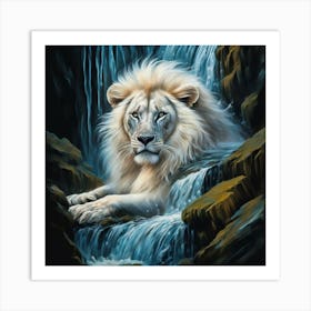 Lion By The Waterfall Art Print