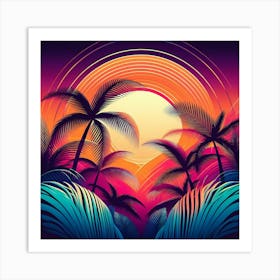 Hawaiian Sunset With Tropical Palm Leaves Art Print