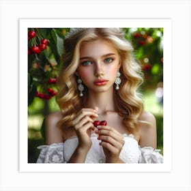 Beautiful Young Woman Holding Cherries Art Print