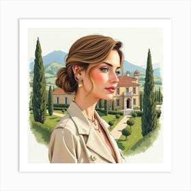 Refined Italian Woman In Watercolor, With A Backdrop Of A Luxurious Tuscan Villa Art Print