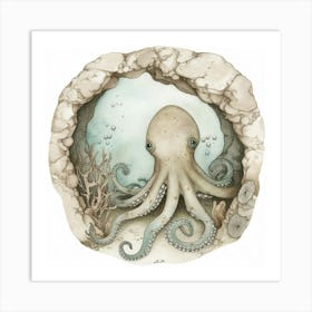 Storybook Style Octopus In A Cave 3 Art Print