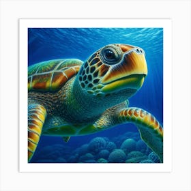 A closeup of a beautiful sea turtle, with a colorful shell and gentle expression in its eyes, glides gracefully through the deep blue ocean, surrounded by vibrant coral reefs and exotic marine life. Art Print