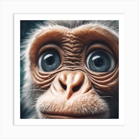 Front Facing Adorable Little Ape With Big Eyes, Dry Brush Watercolor Art, Soft, Wispy, Brush Strokes Art Print