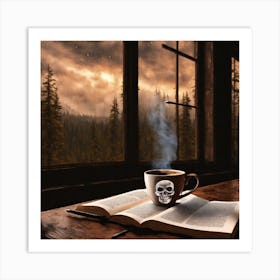 A Coffee Cup Is Placed On A Brown Table With A Window Behind It Overlooking A Dark Rainy And Eerie Art Print