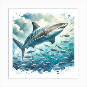 Sea Shark In Motion, Sea Shark Watercolour Art Print 1 Art Print