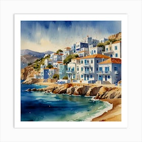 Blue Houses By The Sea.Summer on a Greek island. Sea. Sand beach. White houses. Blue roofs. The beauty of the place. Watercolor. Art Print