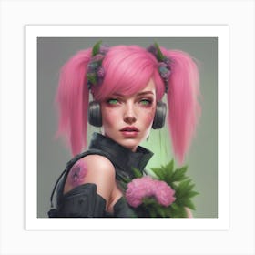 Pink Haired cyberpunk Girl Art Print