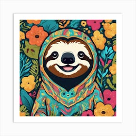 Cute Sloth Surrounded By Flowers Art Print