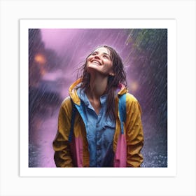 Happy Girl In Rain Art Print