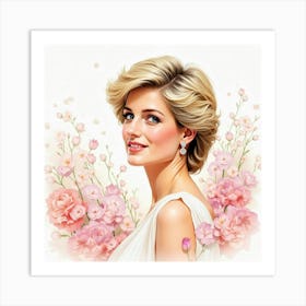 Graceful Watercolor Depiction Of Princess Diana Amidst Soft Petals 1 Art Print