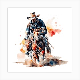 Watercolor Cowboy Riding Horse 1 Art Print