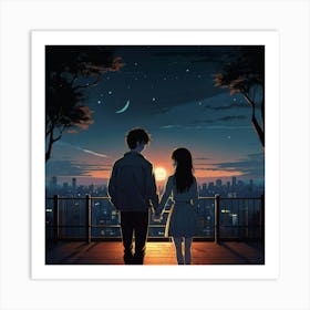 an anime young loving couple, lonely feeling, hope, vector, cartoon style, night Art Print