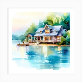 Watercolor Of A House On The Lake Art Print