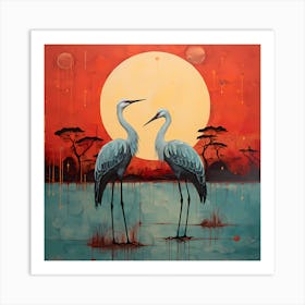 Crimson Canvas: Graceful Cranes Amidst Turquoise Waves Art Print
