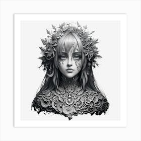 Girl With Flowers On Her Head Art Print