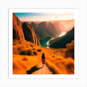 Woman In Red Walking In The Mountains Art Print
