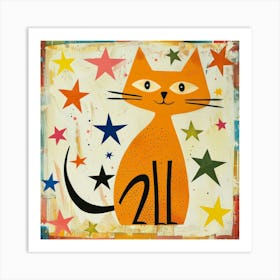 Orange Cat With Stars 2 Art Print