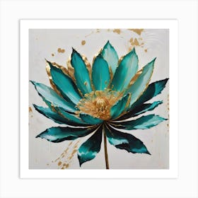 "Golden Aquatic Bloom" is an exquisite painting that captures the elegance of a lotus flower in striking teal and gold. The rich, jewel-toned petals are accented with luxurious gold leaf, creating a dynamic contrast that embodies both opulence and serenity. This artwork is a celebration of natural beauty and sophistication, perfect for enhancing the aesthetics of any home or office. It's an ideal choice for those who appreciate bold statements in art and are drawn to the lotus's symbolism of purity, rebirth, and enlightenment. "Golden Aquatic Bloom" is not just a visual pleasure; it's an investment in a serene and refined ambiance. Art Print
