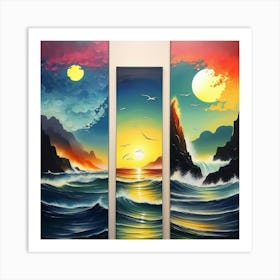 hree different vertical panels, ocean sea ⛵ ships Art Print