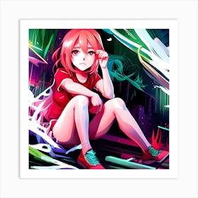 Anime Girl Sitting On The Ground Art Print