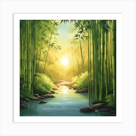 A Stream In A Bamboo Forest At Sun Rise Square Composition 4 Art Print