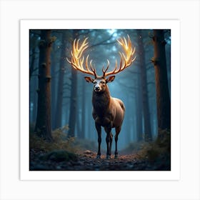 A Majestic Stag With Antlers Of Glowing, Starry Patterns Standing In A Cosmic Forest Art Print