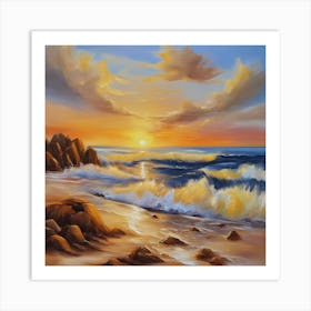 The sea. Beach waves. Beach sand and rocks. Sunset over the sea. Oil on canvas artwork.31 Art Print