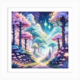 A Fantasy Forest With Twinkling Stars In Pastel Tone Square Composition 123 Art Print